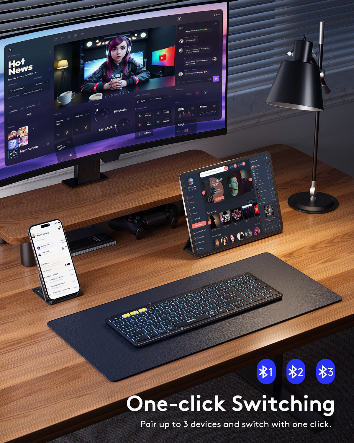 Full-Size Foldable Keyboard with Numeric Keypad with Backlight,Support 3 Device(PU Leather) - Black