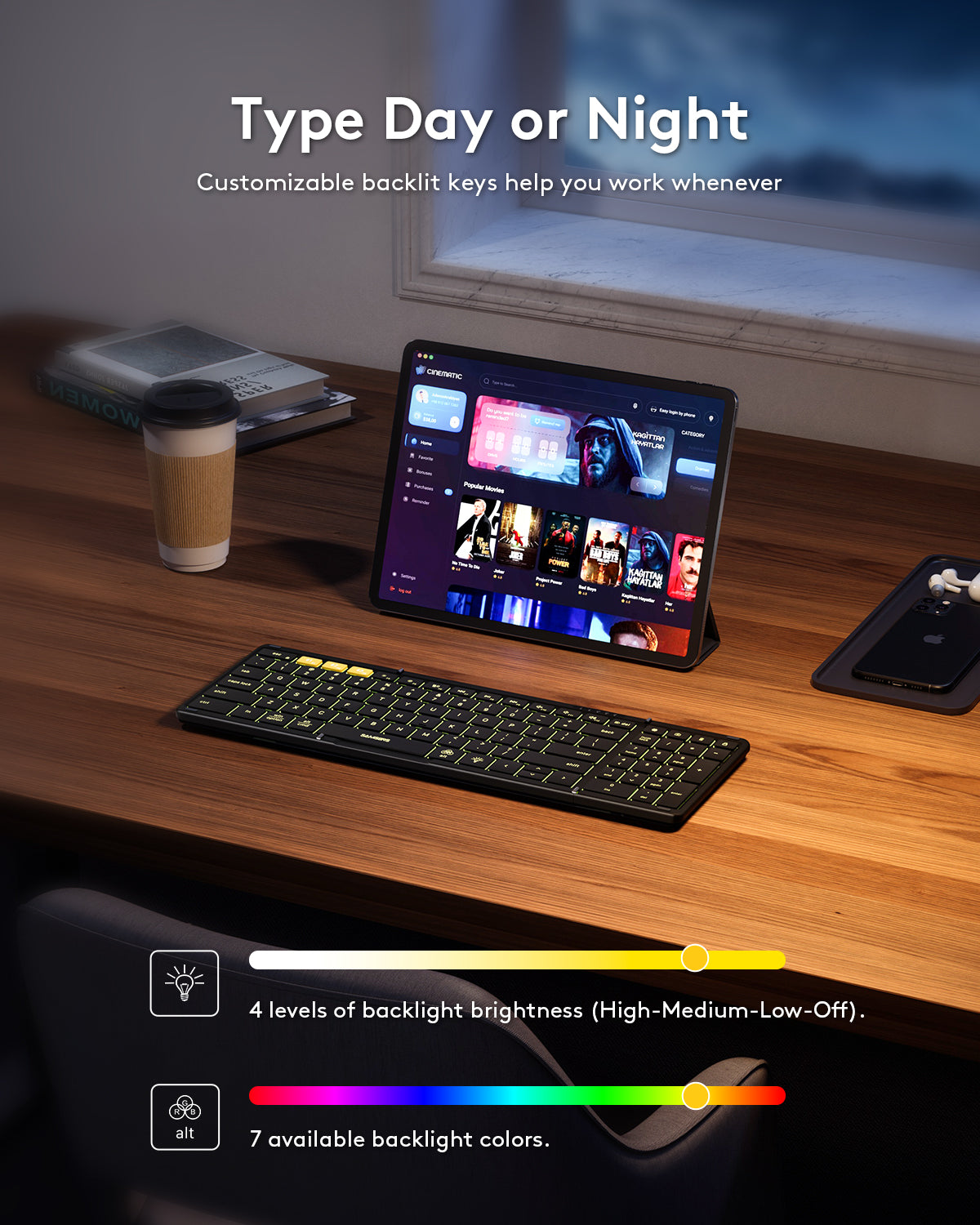 Full-Size Foldable Keyboard with Numeric Keypad with Backlight,Support 3 Device(PU Leather) - Black