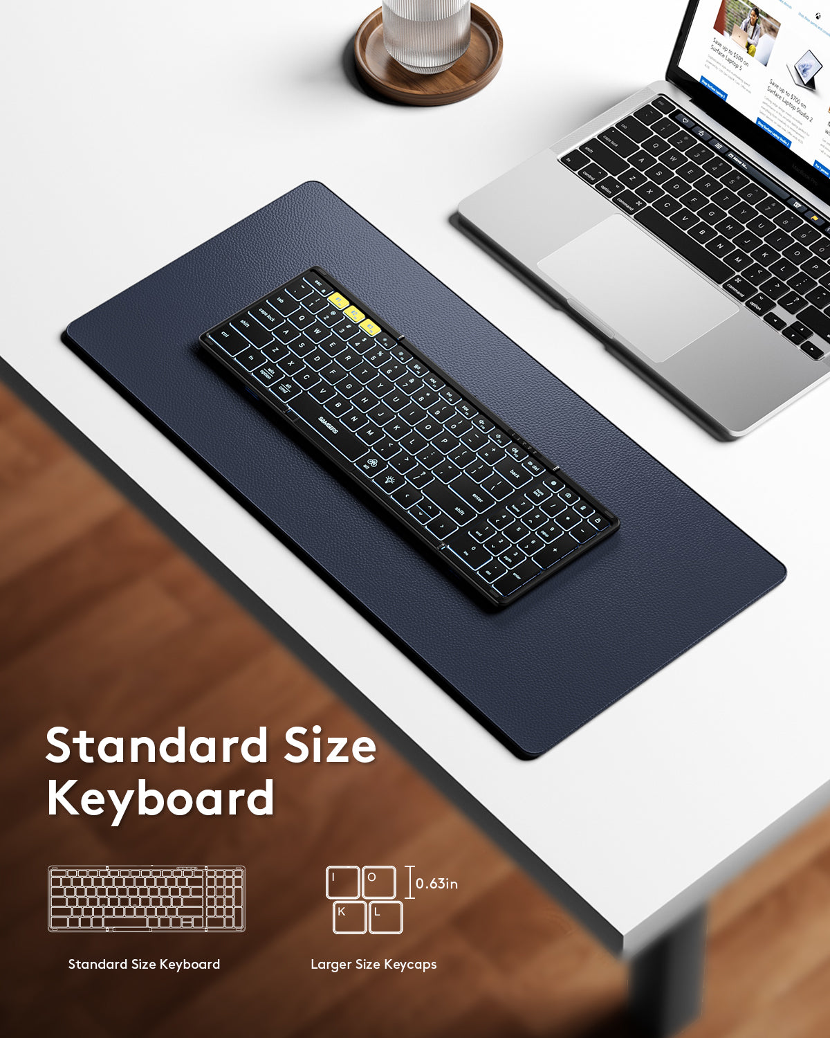 Full-Size Foldable Keyboard with Numeric Keypad with Backlight,Support 3 Device(PU Leather) - Black