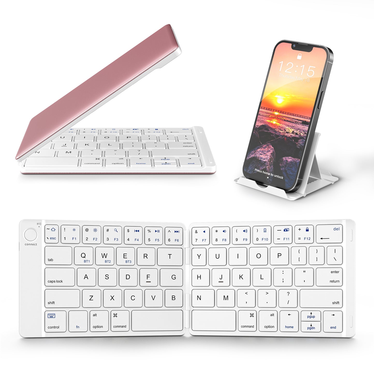 Samsers Foldable Bluetooth Keyboard, Ultra Slim Aluminum Travel Folding Keyboard for iPhone iPad Mac Android Windows iOS,  White & Pink (Sync Up to 3 Devices)