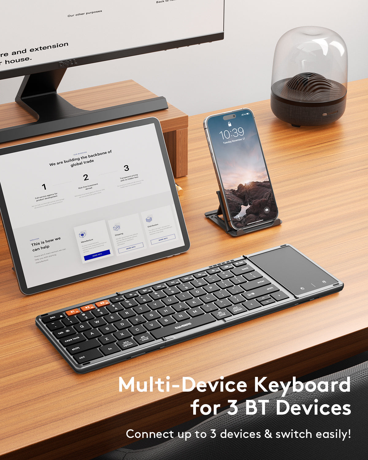 Full-Size Foldable Bluetooth Keyboard with Touchpad with PU Leather, Support 3 Device - Grey