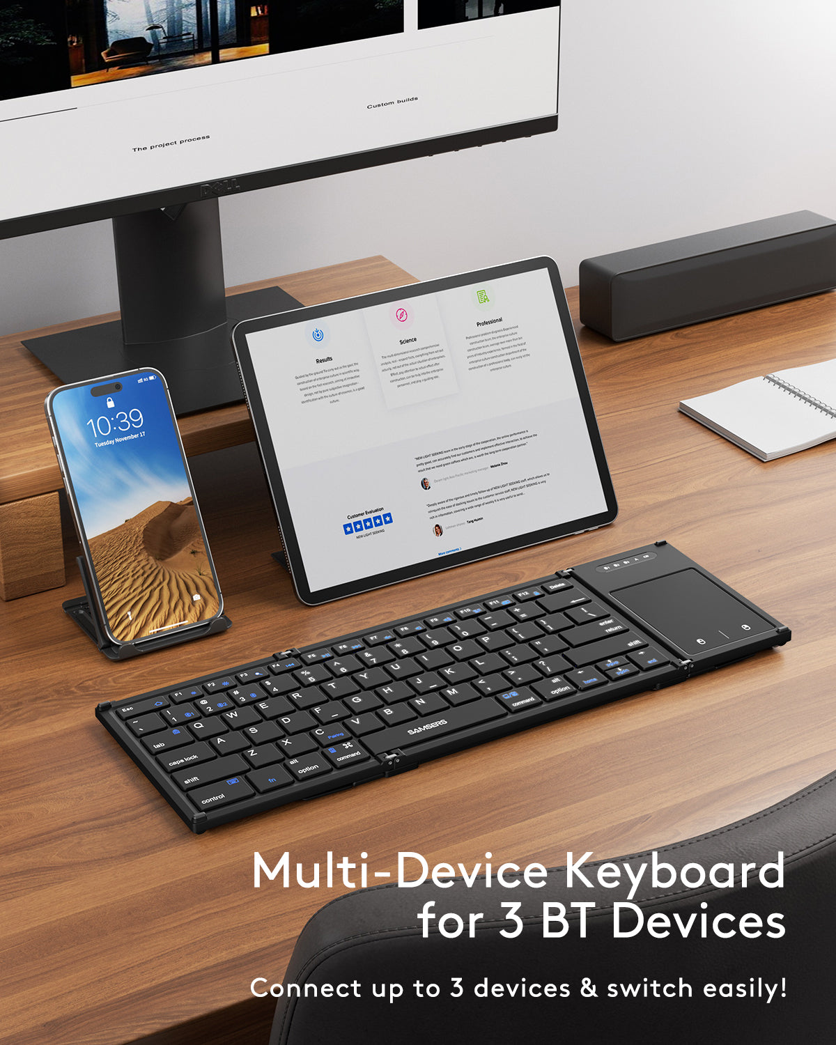 Samsers  Full-Size Foldable Bluetooth Keyboard with Touchpad for iOS Android Windows Mac OS, Support 3 Devices (BT5.1 x 3)