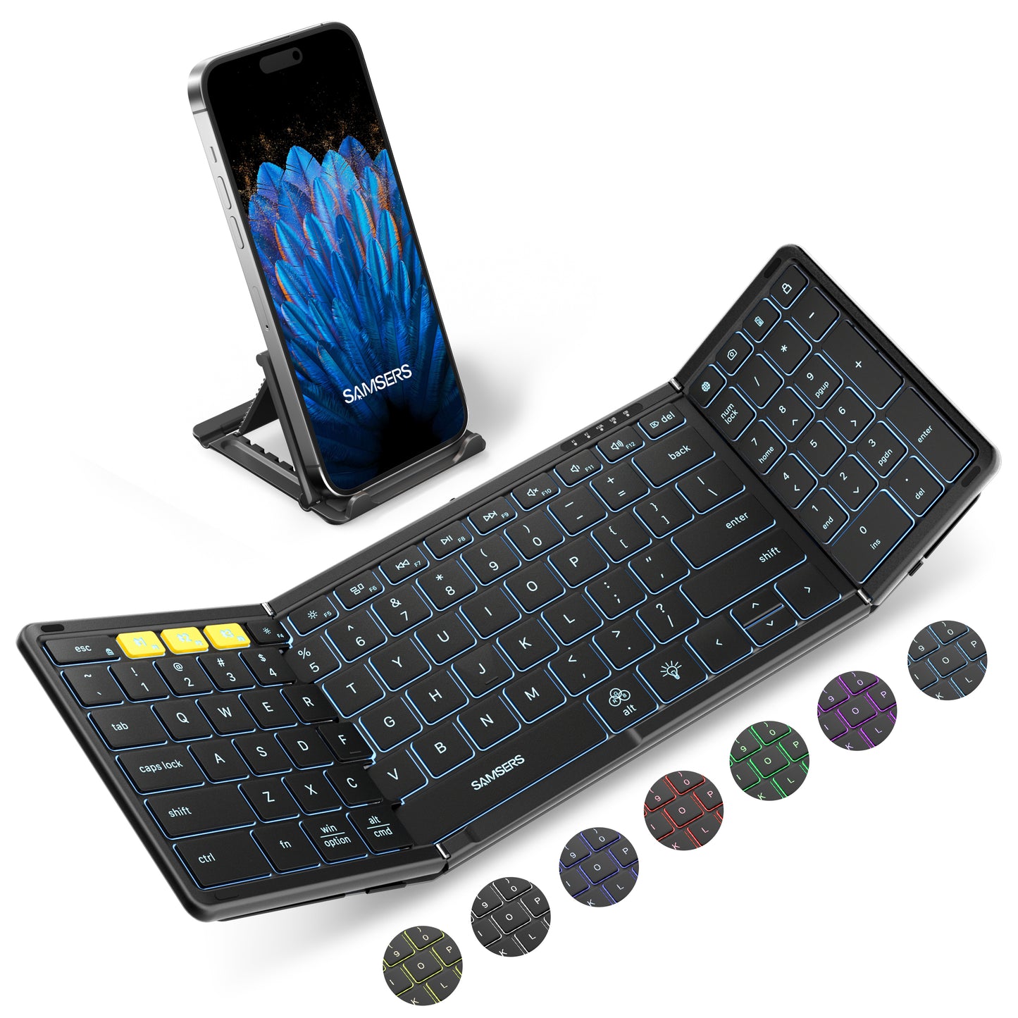 Full-Size Foldable Keyboard with Numeric Keypad with Backlight,Support 3 Device(PU Leather) - Black