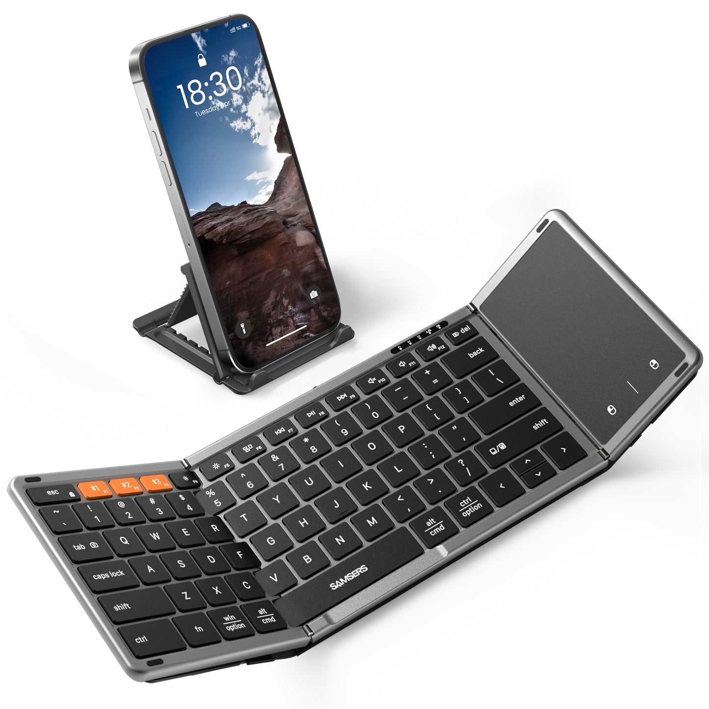 Full-Size Foldable Bluetooth Keyboard with Touchpad with PU Leather, Support 3 Device - Grey