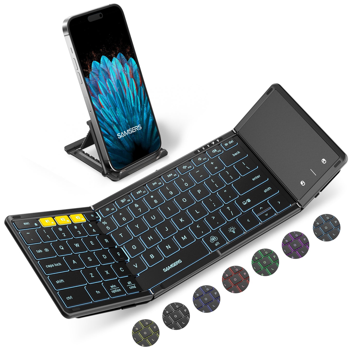 Full-Size Foldable Keyboard with Touchpad with Backlight,Support 3 Device(PU Leather) - Black