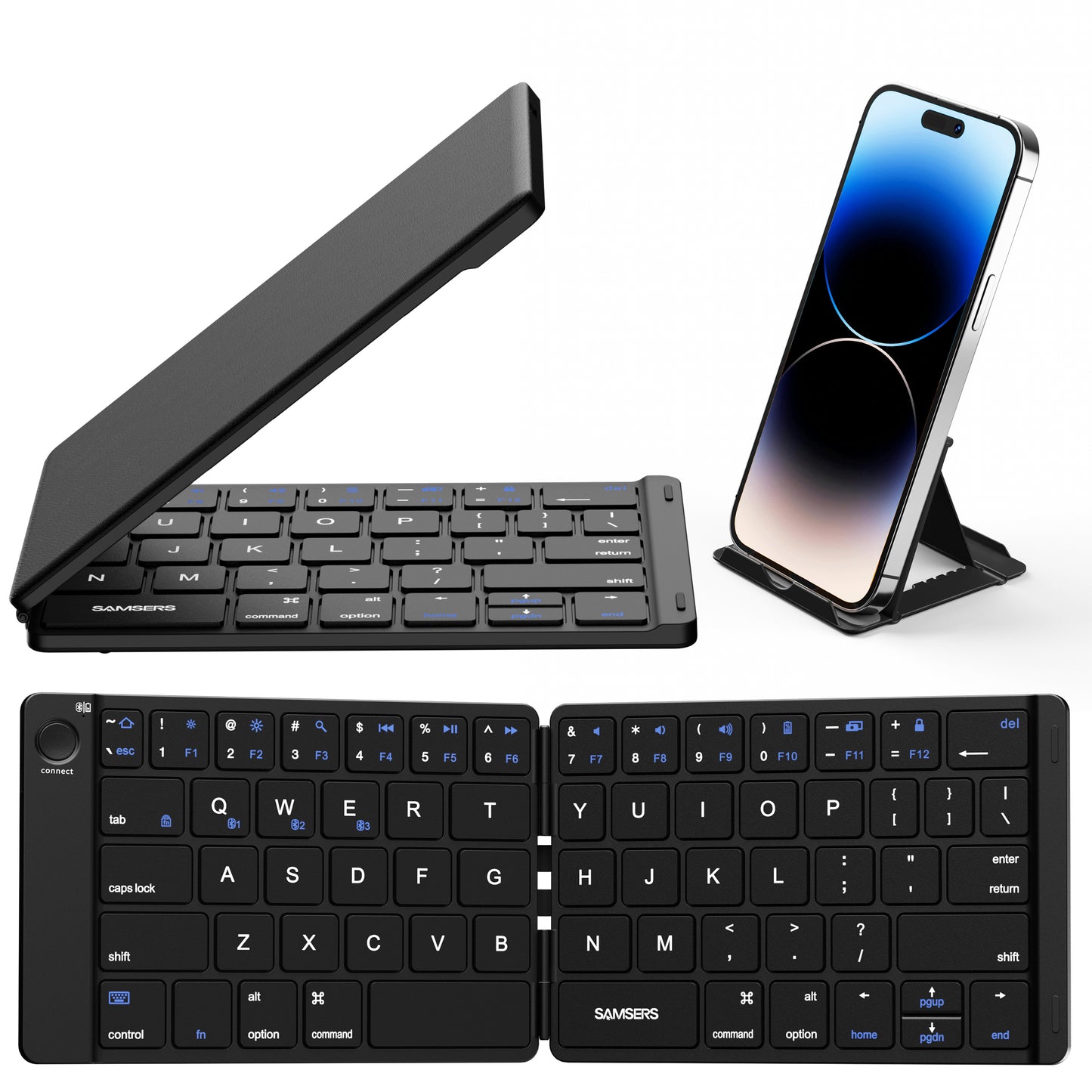 Samsers Foldable Bluetooth Keyboard - Portable Wireless Keyboard with Stand Holder, Compatible IOS Android Windows Smartphone Tablet and Laptop-Black