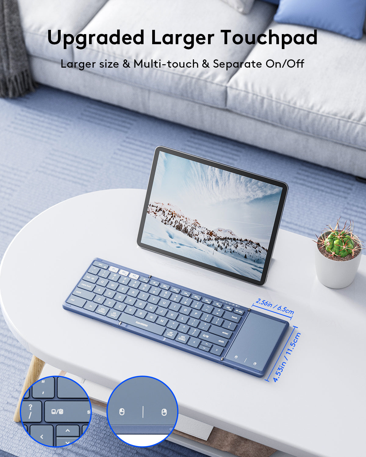 Full-Size Foldable Bluetooth Keyboard with Touchpad for iOS Android Windows Mac OS (BT5.1 x 3), Blue