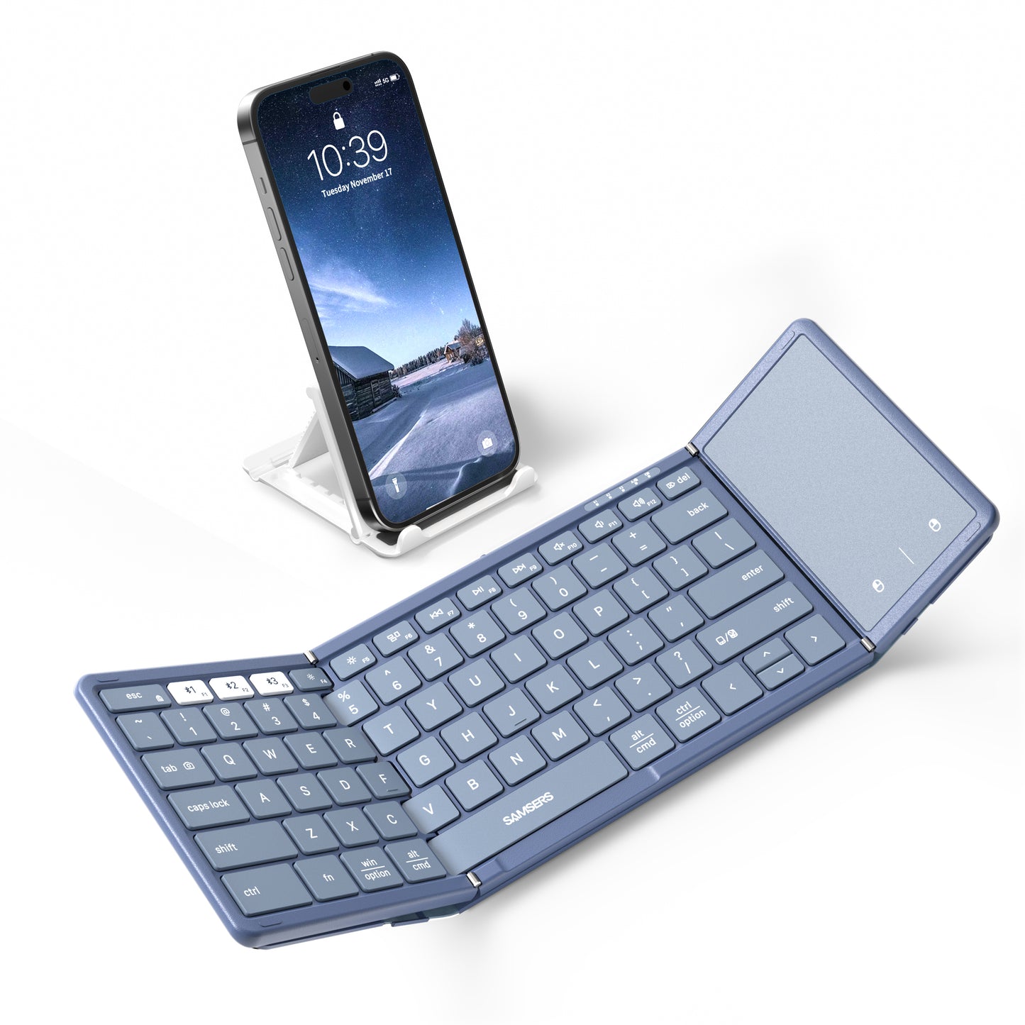 Full-Size Foldable Bluetooth Keyboard with Touchpad for iOS Android Windows Mac OS (BT5.1 x 3), Blue