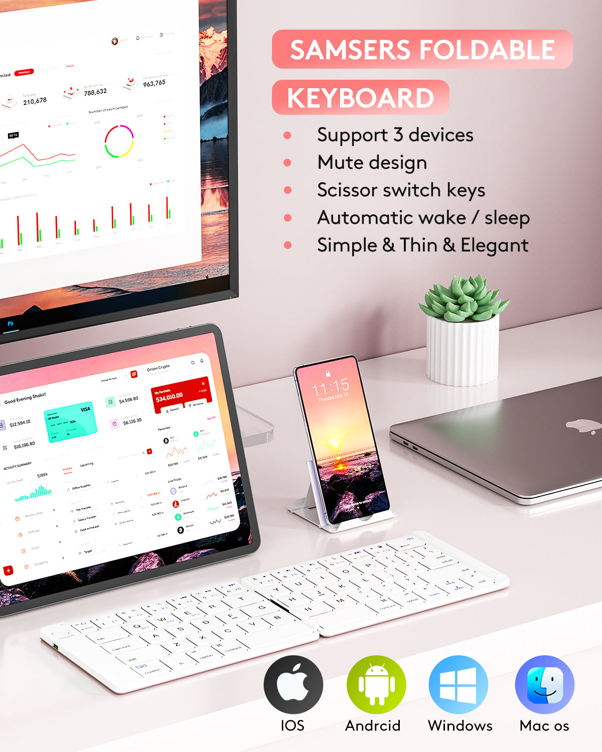 Samsers Foldable Bluetooth Keyboard, Ultra Slim Aluminum Travel Folding Keyboard for iPhone iPad Mac Android Windows iOS,  White & Pink (Sync Up to 3 Devices)